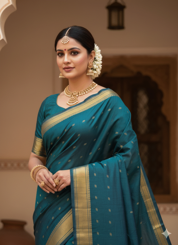 1759243342623 Cotton Dark Green Paithani Saree with Woven Peacock Motifs