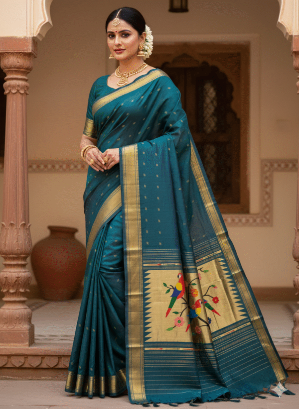 1759243367035 Cotton Dark Green Paithani Saree with Woven Peacock Motifs