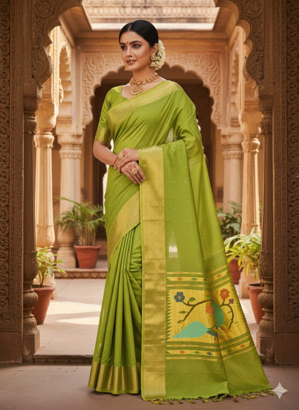 Cotton Light Green Paithani Saree with Woven Peacock Motifs