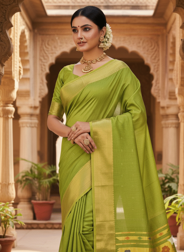 Cotton Light Green Paithani Saree with Woven Peacock Motifs