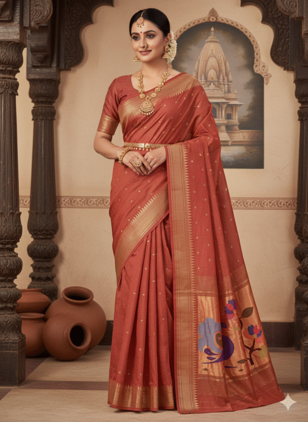 1759244173947 Cotton Red-OrangePaithani Saree with Woven Peacock