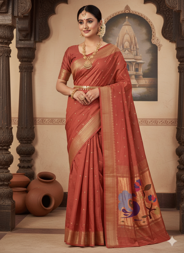 Cotton Red-OrangePaithani Saree with Woven Peacock