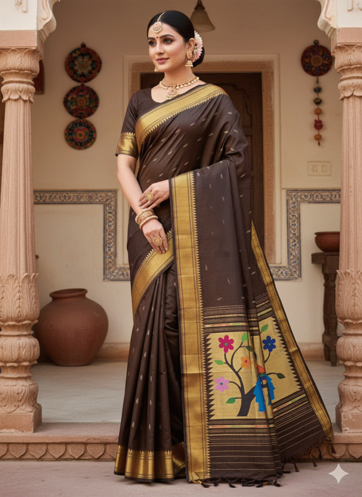 Cotton Brown Paithani Saree with Woven Peacock
