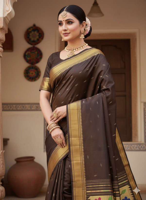 1759244543037 Cotton Brown Paithani Saree with Woven Peacock