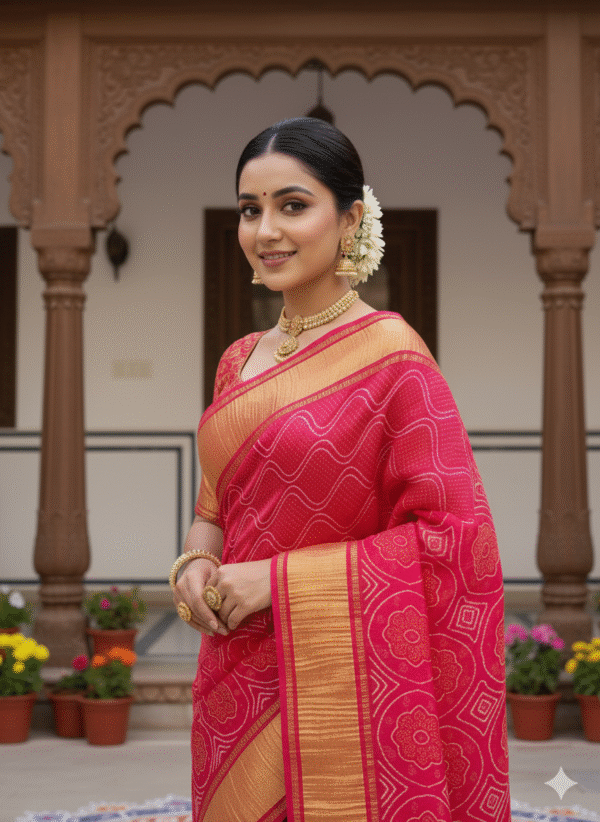 1759255900049 Pure Pink-Red Rai Bandhej Gajji Silk Saree