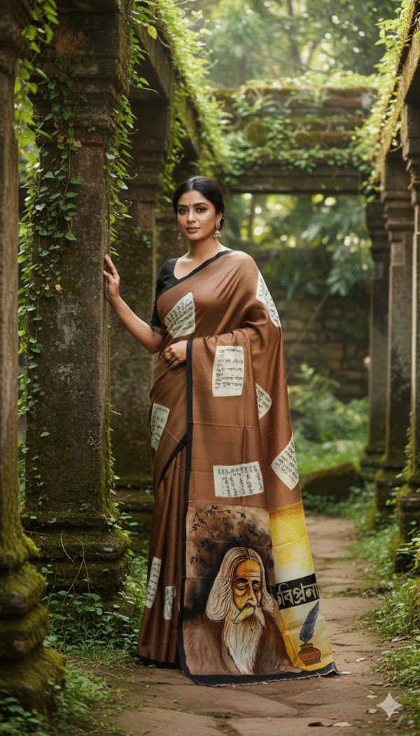 Special Hand-Painted Brown Murshidabad Silk Saree