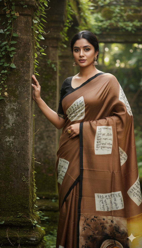 Special Hand-Painted Brown Murshidabad Silk Saree
