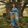 Special Hand-Painted Blue Murshidabad Silk Saree