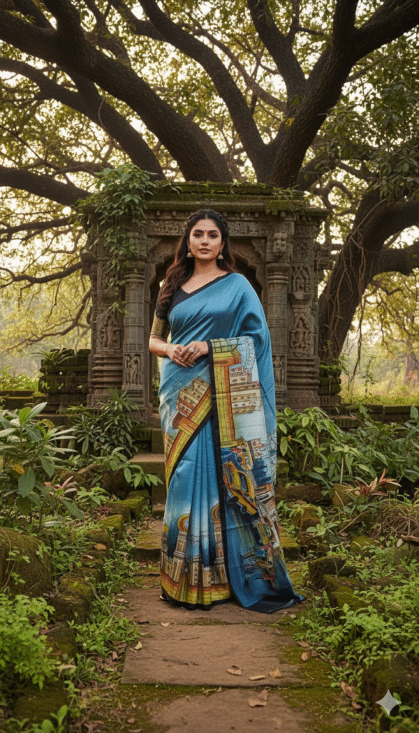 Special Hand-Painted Blue Murshidabad Silk Saree