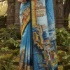 Special Hand-Painted Blue Murshidabad Silk Saree