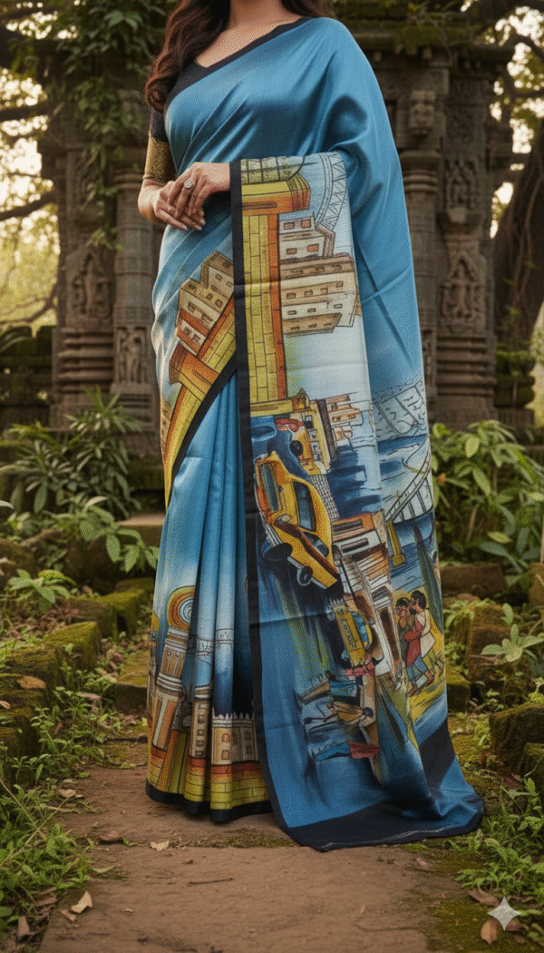 Special Hand-Painted Blue Murshidabad Silk Saree