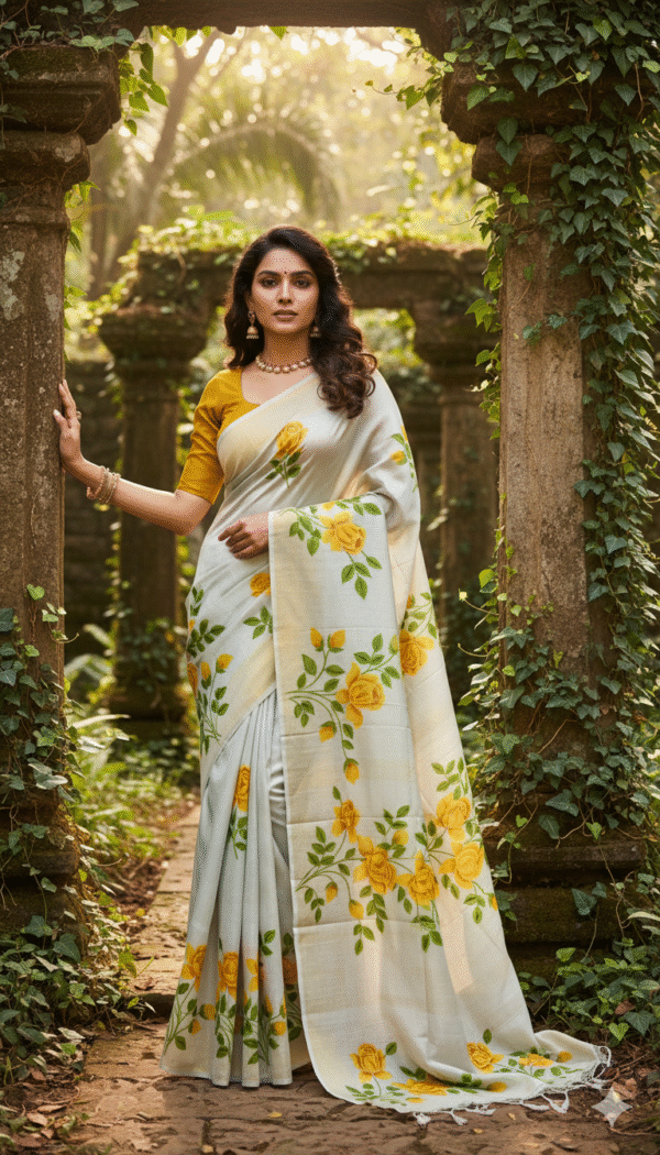 Special Hand-Painted Light Yellow Murshidabad Silk Saree