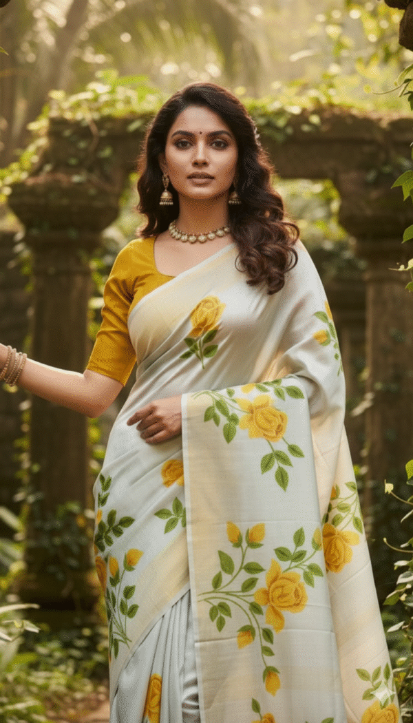 Special Hand-Painted Light Yellow Murshidabad Silk Saree