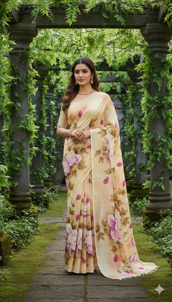 Special Hand-Painted Light Biege Murshidabad Silk Saree