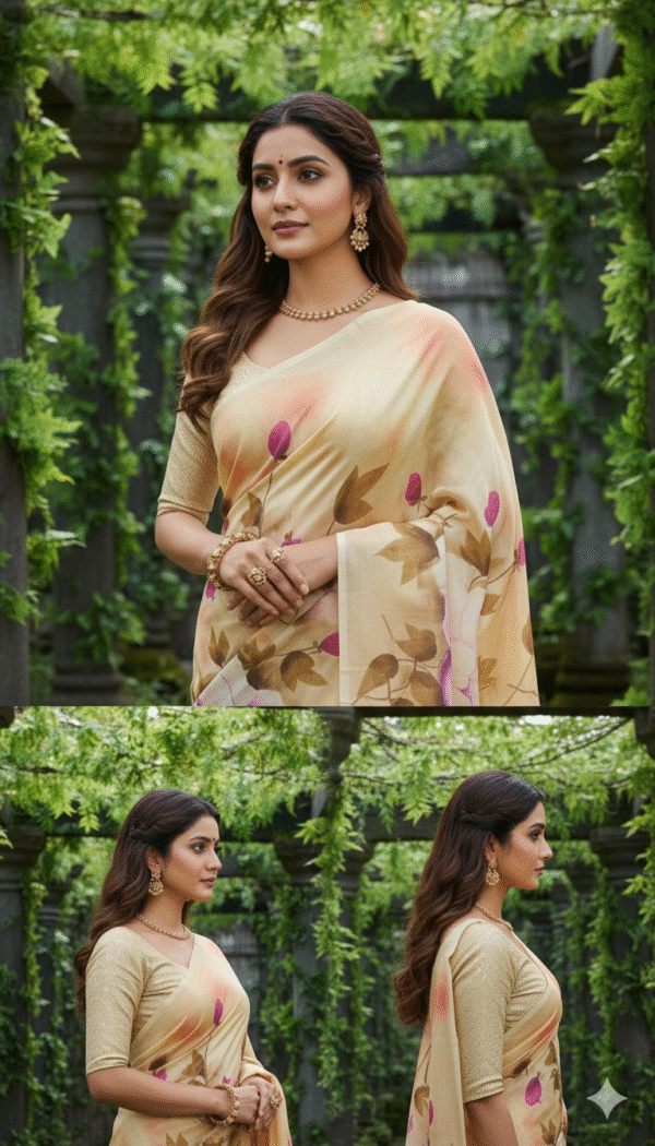 Special Hand-Painted Light Biege Murshidabad Silk Saree