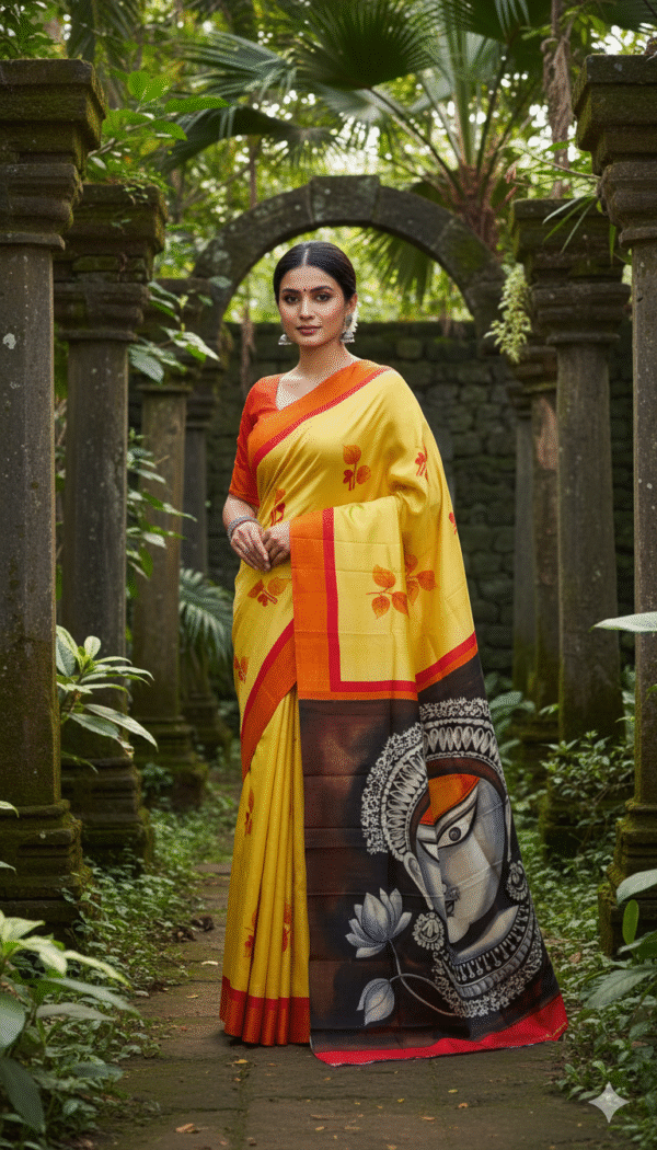 Special Hand-Painted Yellow Murshidabad Silk Saree