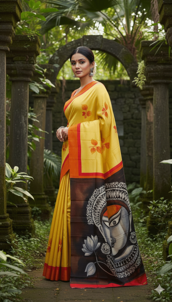 Special Hand-Painted Yellow Murshidabad Silk Saree