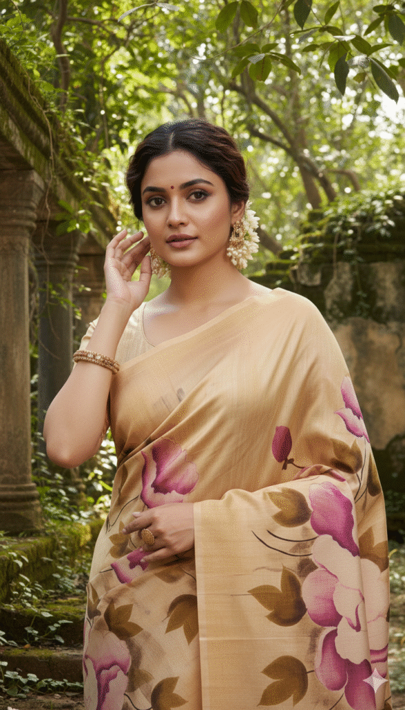 Special Hand-Painted Lemon Yellow Murshidabad Silk Saree