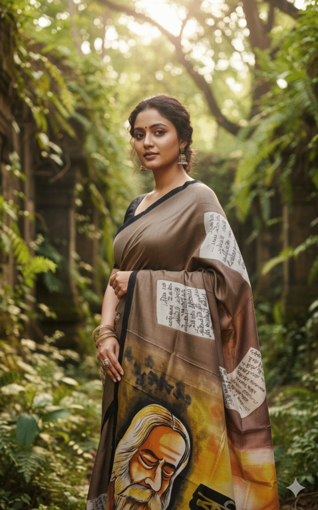 Special Hand-Painted Land Brown Murshidabad Silk Saree
