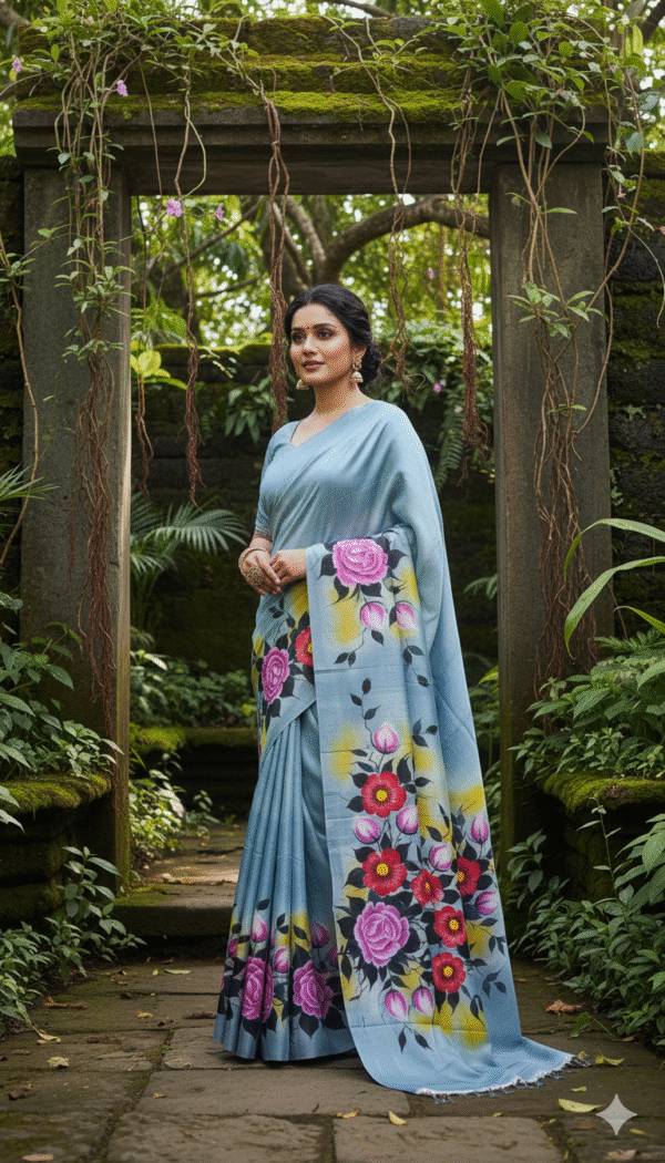 1759258332072 Special Hand-Painted Ocean Blue Murshidabad Silk Saree