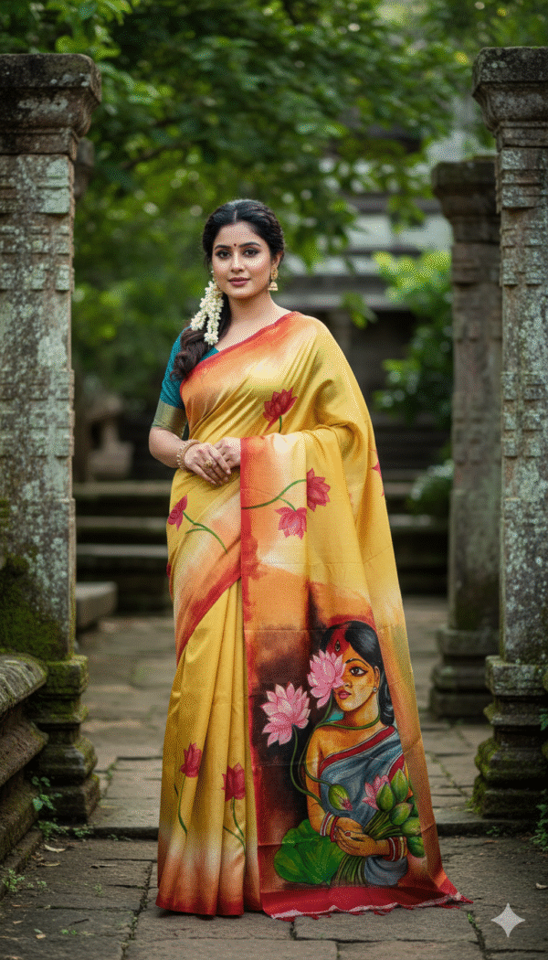 Special Hand-Painted Yellow Murshidabad Silk Saree