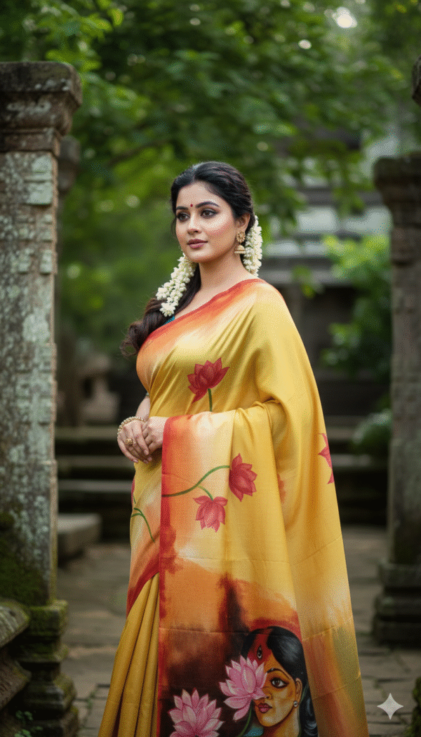 Special Hand-Painted Yellow Murshidabad Silk Saree