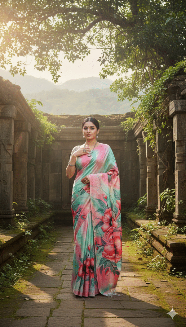 1759258926477 Special Hand-Painted Blue Pink Murshidabad Silk Saree