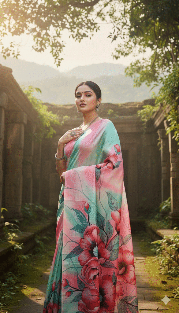 Special Hand-Painted Blue Pink Murshidabad Silk Saree