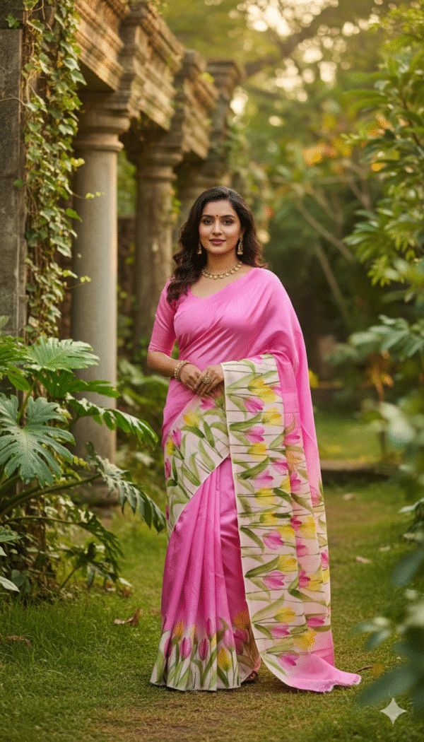 Special Hand-Painted Yellow Pink Murshidabad Silk Saree