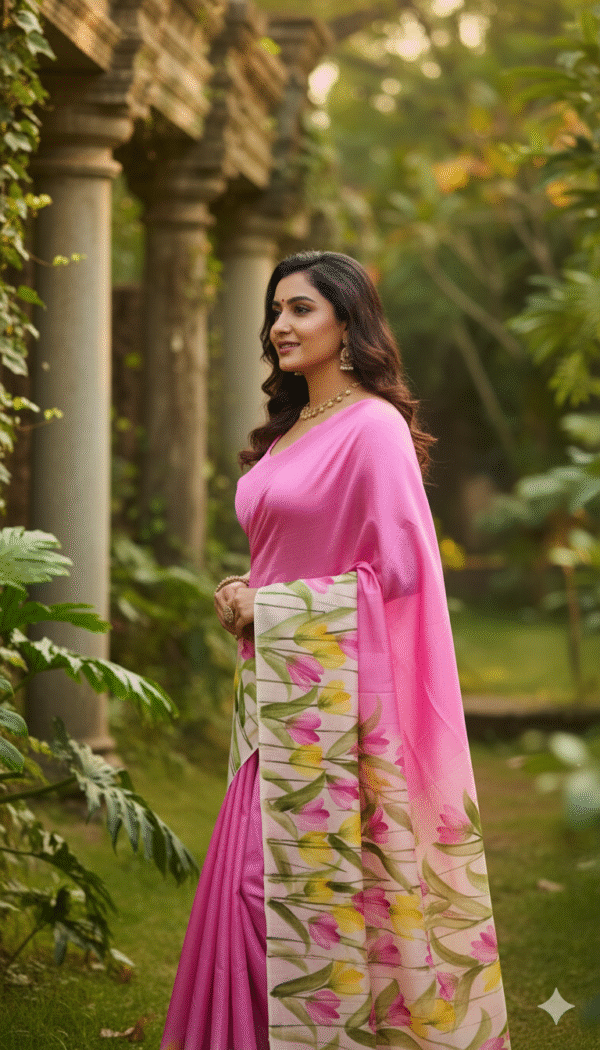 Special Hand-Painted Yellow Pink Murshidabad Silk Saree