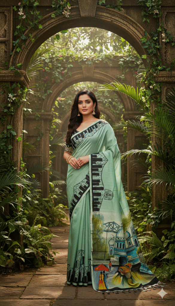 Special Hand-Painted Light Green Murshidabad Silk Saree