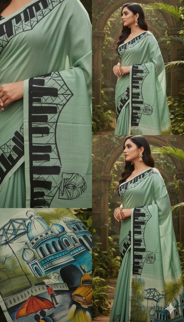 Special Hand-Painted Light Green Murshidabad Silk Saree