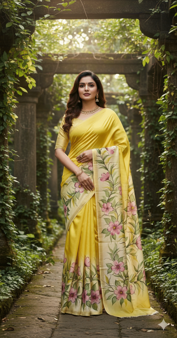 1759259448944 Special Hand-Painted Dark Yellow Murshidabad Silk Saree