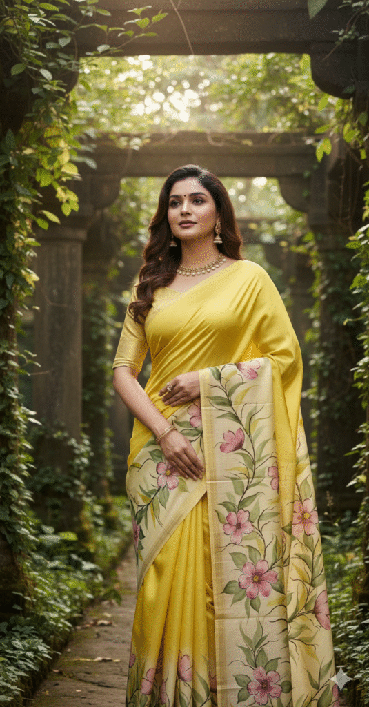 Special Hand-Painted Dark Yellow Murshidabad Silk Saree