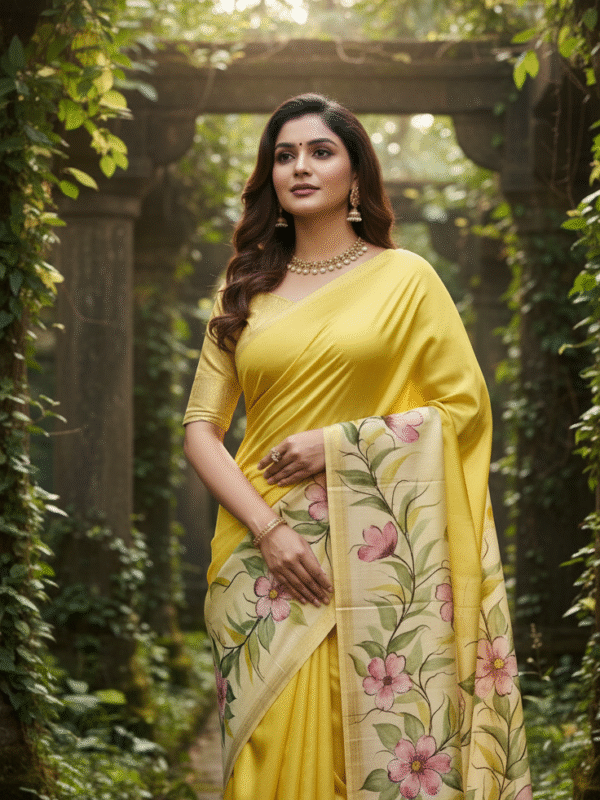 Special Hand-Painted Dark Yellow Murshidabad Silk Saree