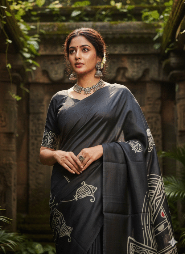 Special Hand-Painted Black Murshidabad Silk Saree