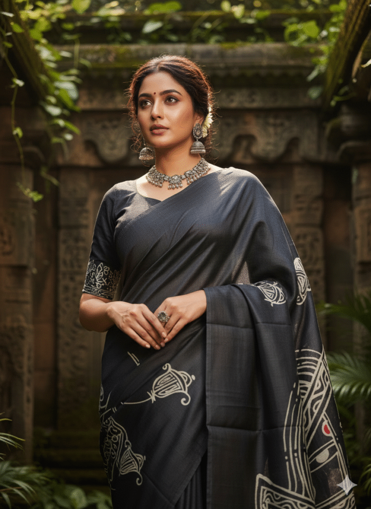 Special Hand-Painted Black Murshidabad Silk Saree