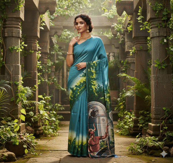 1759260225284 Special Hand-Painted Ocean Blue Murshidabad Silk Saree