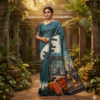 1759260418491 Special Hand-Painted Dark Ocean Murshidabad Silk Saree