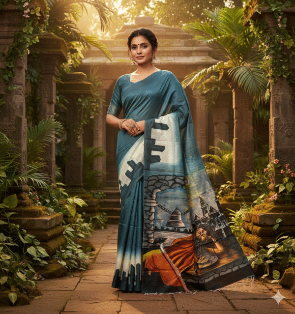 1759260418491 Special Hand-Painted Dark Ocean Murshidabad Silk Saree