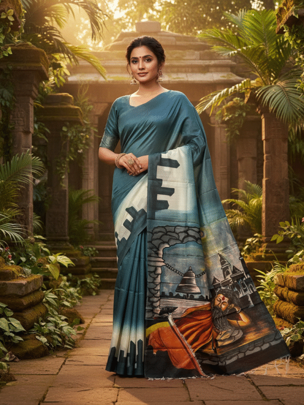 1759260418491 Special Hand-Painted Dark Ocean Murshidabad Silk Saree