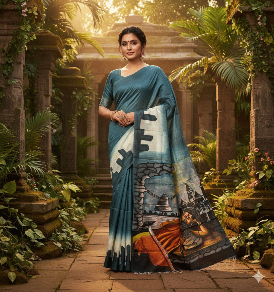 Special Hand-Painted Dark Ocean Murshidabad Silk Saree
