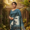 1759260609910 Special Hand-Painted Dark Ocean Murshidabad Silk Saree