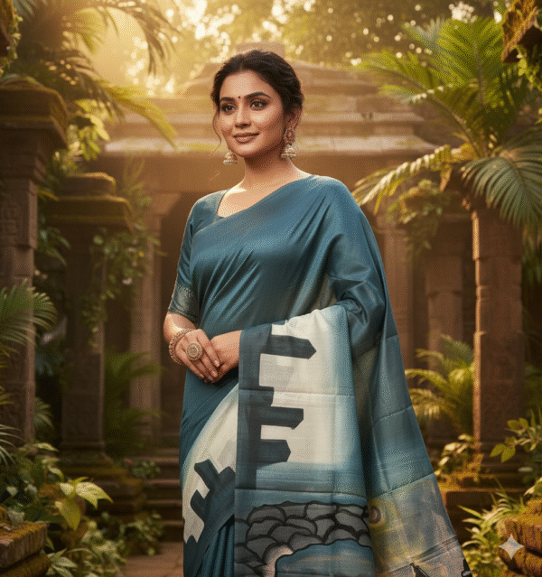 1759260609910 Special Hand-Painted Dark Ocean Murshidabad Silk Saree