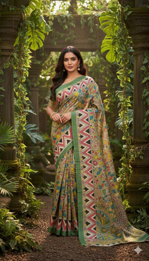 1759281984379 Hand-Painted Kalamkari on Pure Bishnupuri Tussar Silk Saree