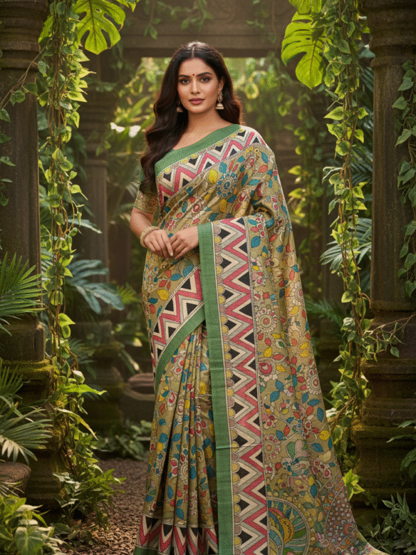 1759281984379 Hand-Painted Kalamkari on Pure Bishnupuri Tussar Silk Saree