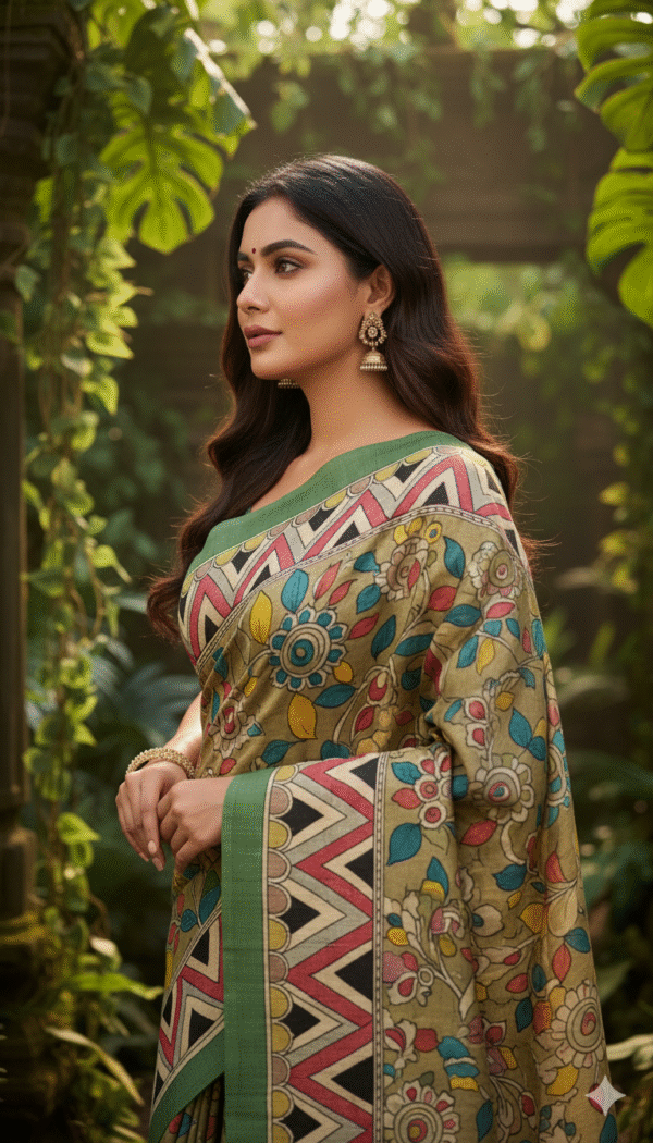 1759282069821 Hand-Painted Kalamkari on Pure Bishnupuri Tussar Silk Saree