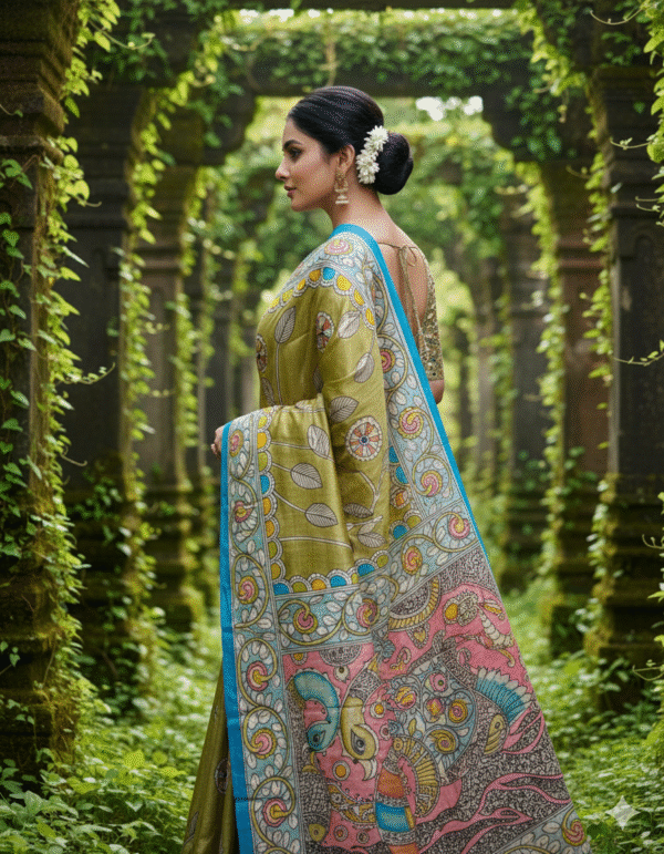 Hand-Painted Kalamkari on Pure Light Green Bishnupuri Tussar Silk Saree