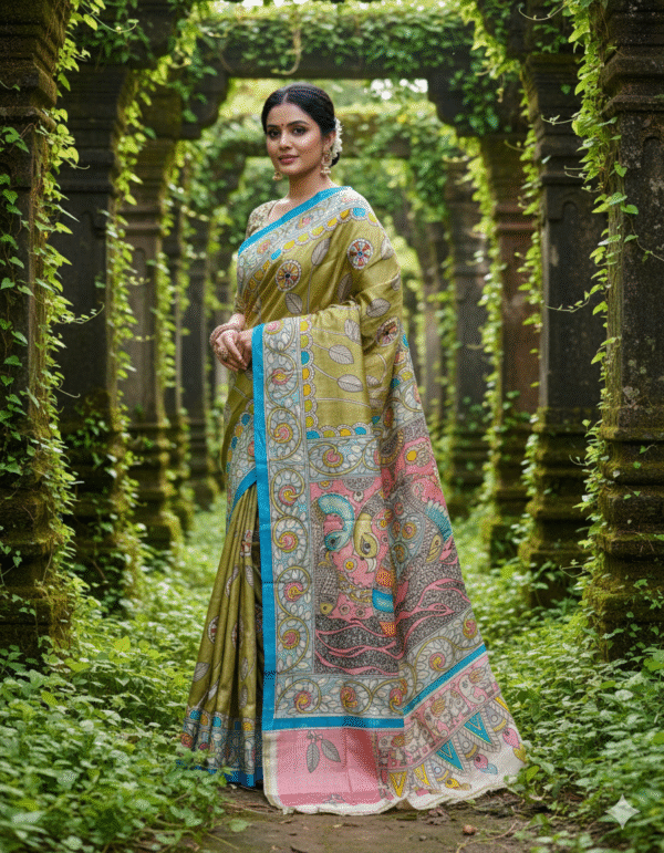 Hand-Painted Kalamkari on Pure Light Green Bishnupuri Tussar Silk Saree