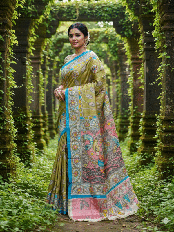 1759283065239 Hand-Painted Kalamkari on Pure Light Green Bishnupuri Tussar Silk Saree